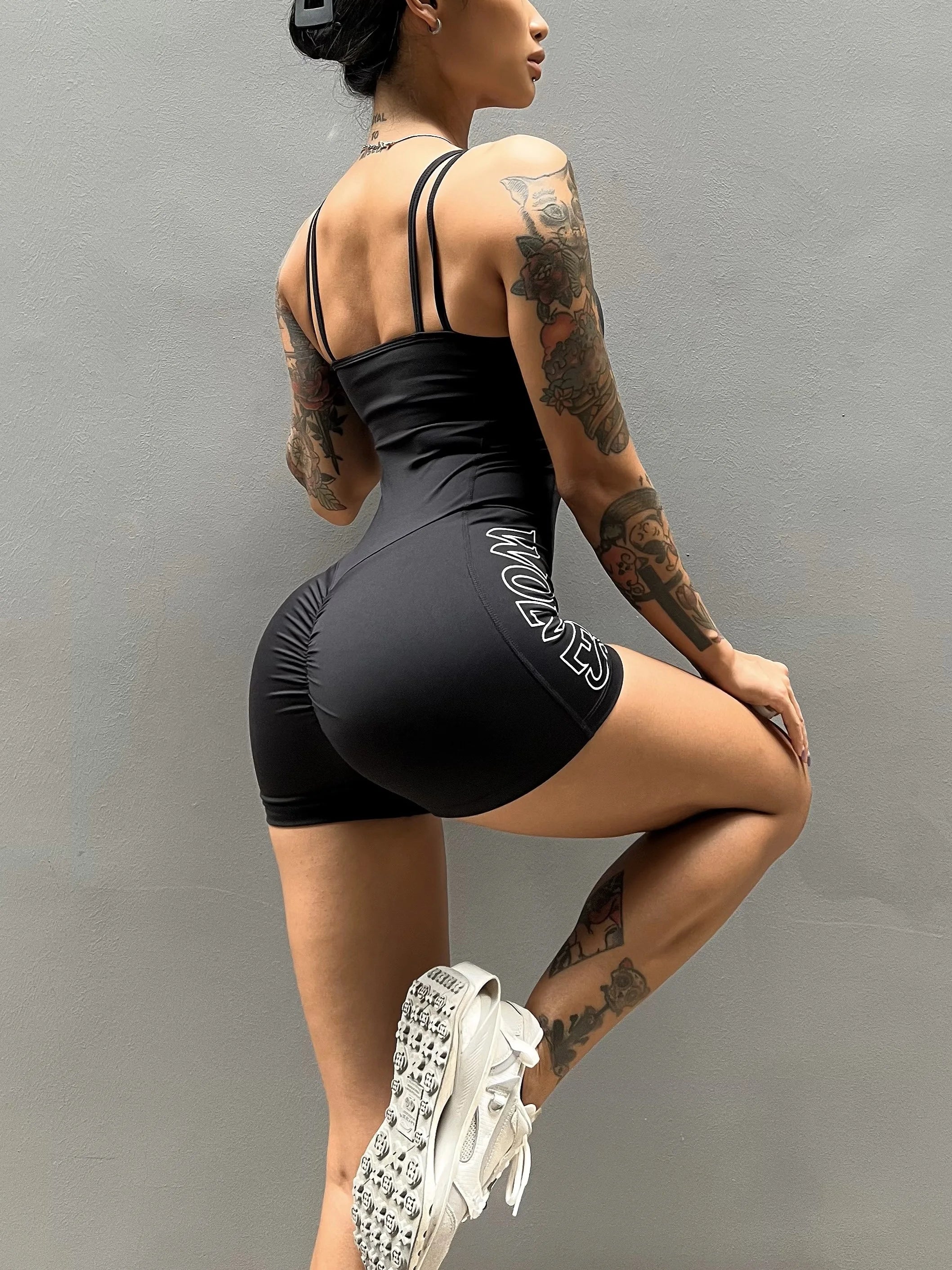 Wolves Women Bodysuit Gym Sports Mujer Fitness Workout Push Up Wolf Printing Yoga Running Breathable Sportswear