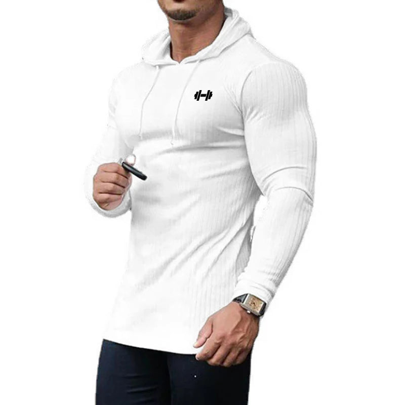 Spring Autumn Mens Running Hooded T-shirts Thin Ribbed Knitted Sports Sweaters Classic Strip Slim Gym Fitness Pullover T Shirts