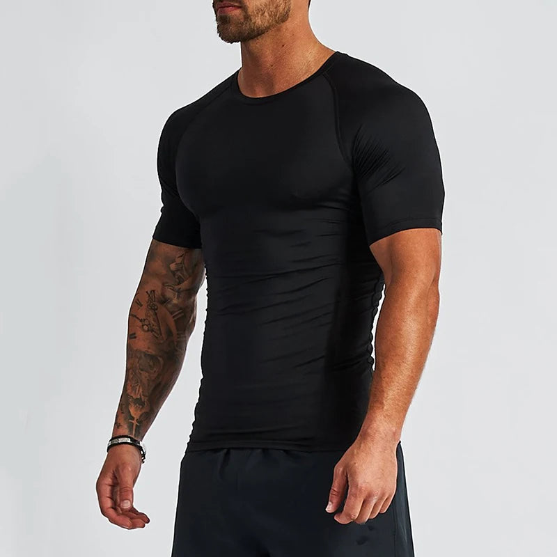 Men's Compression Short Sleeve T-shirt Fitness Running Basketball Gym Sportswear Seamless Close-fitting Black Sports Tight Tops