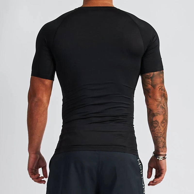 Men's Compression Short Sleeve T-shirt Fitness Running Basketball Gym Sportswear Seamless Close-fitting Black Sports Tight Tops